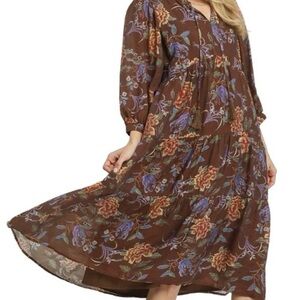 Umgee Boho Tiered Midi Dress Brown & Orange Like New Medium